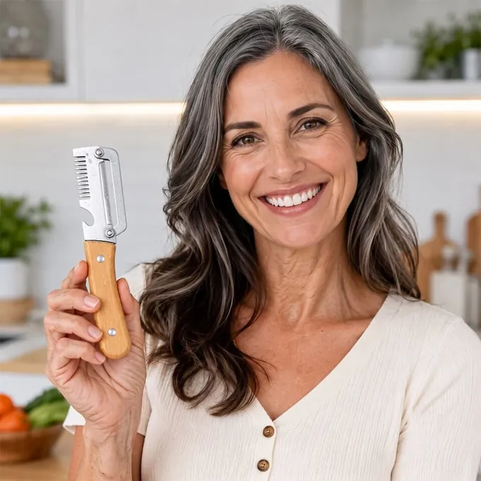 Une cuisinière aux longs cheveux gris sourit en tenant PeelPro dans sa cuisine
