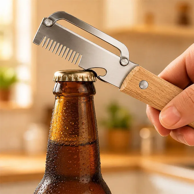 PeelPro utilisé comme décapsuleur sur une bouteille en verre brun