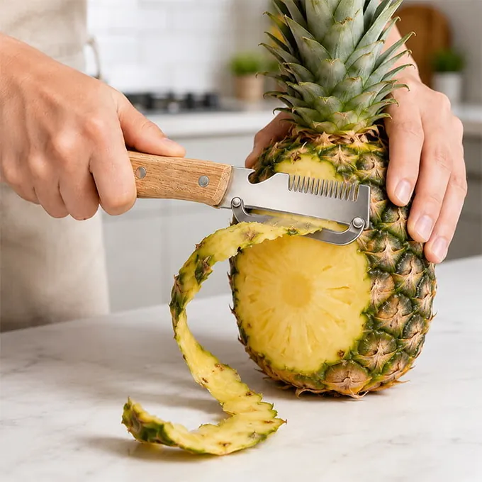 Épluchage d'un ananas avec PeelPro, une longue épluchure tombe en spirale