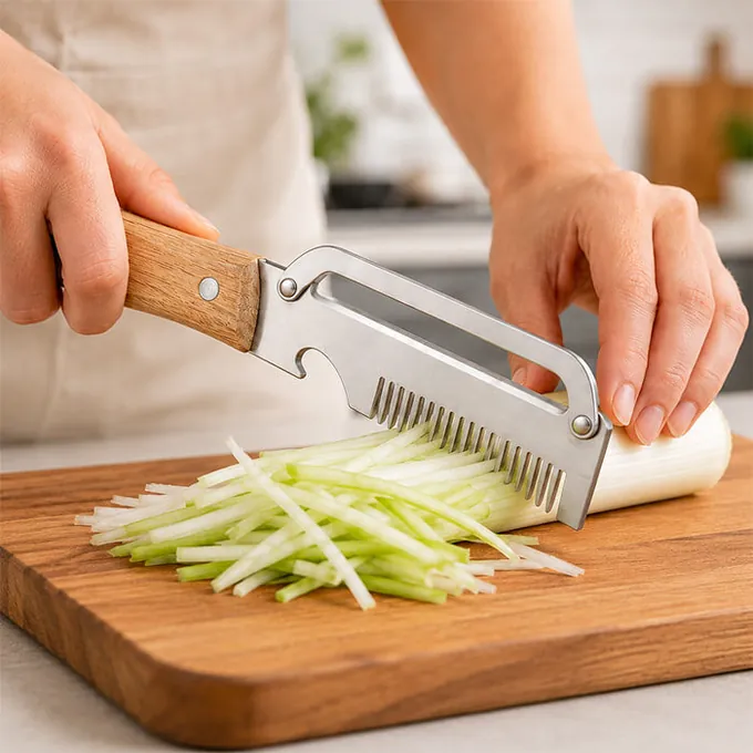 Concombre taillé en julienne avec PeelPro sur une planche en bois